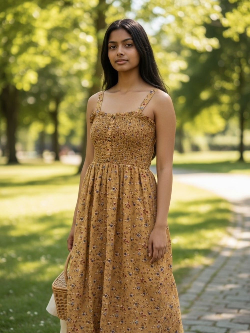 Liberty Love Mustard Floral Smocked Maxi Dress with Adjustable Straps